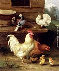 Edgar Hunt A Cockerel, Hen And Chicks With Pigeons painting